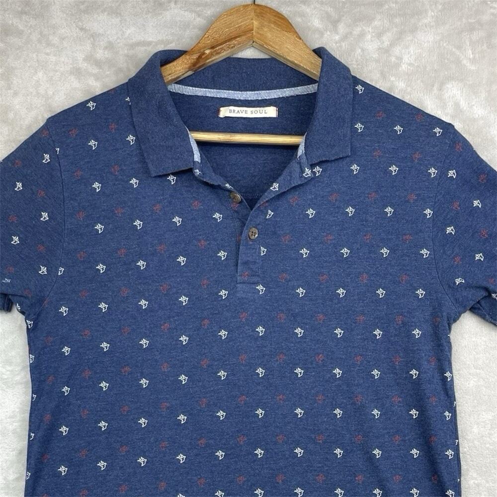Brave Soul London Polo Men's Small Bird Print Navy Blue Soft Preppy Retro
